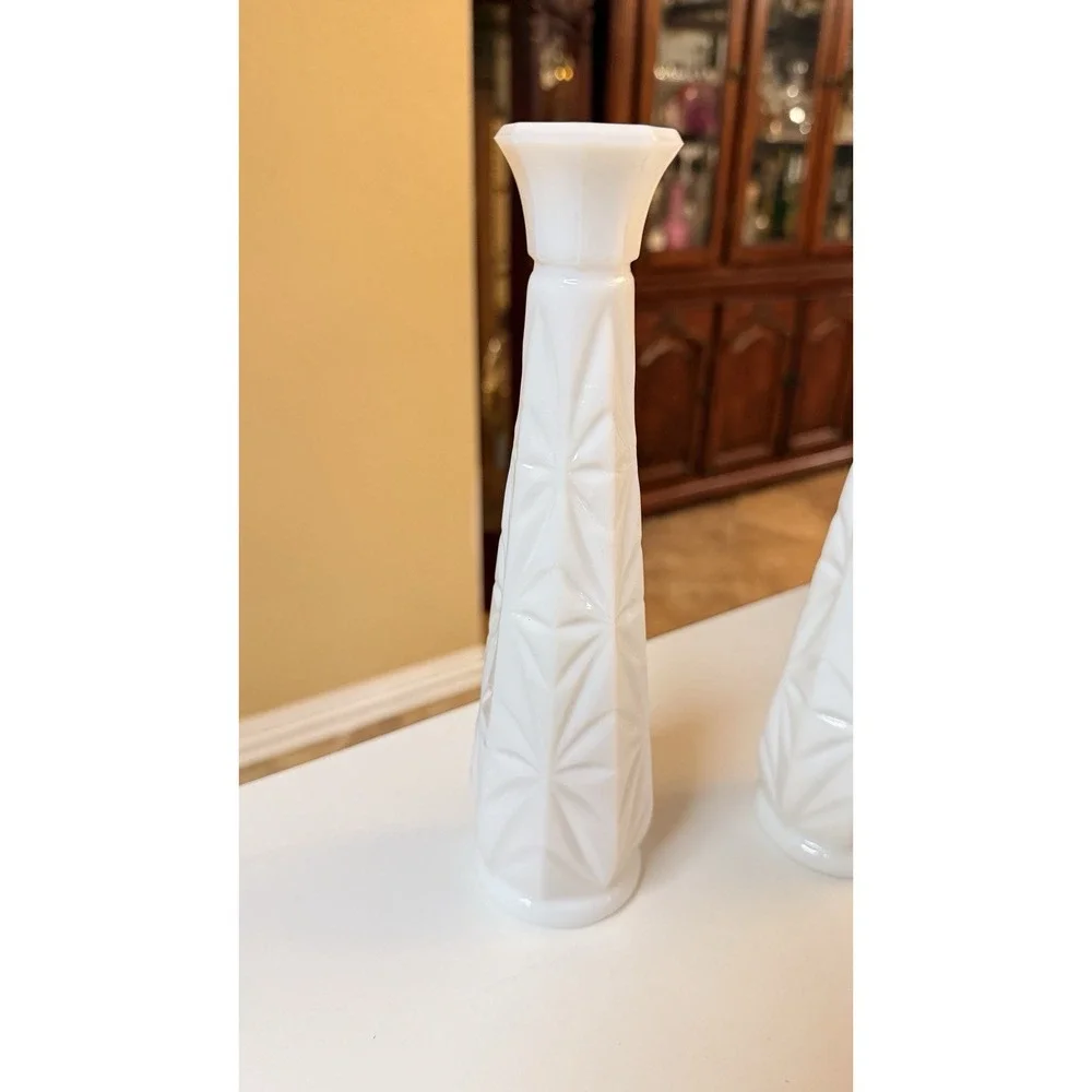 Vintage Milk‎ Glass Bud Vases Pair 9